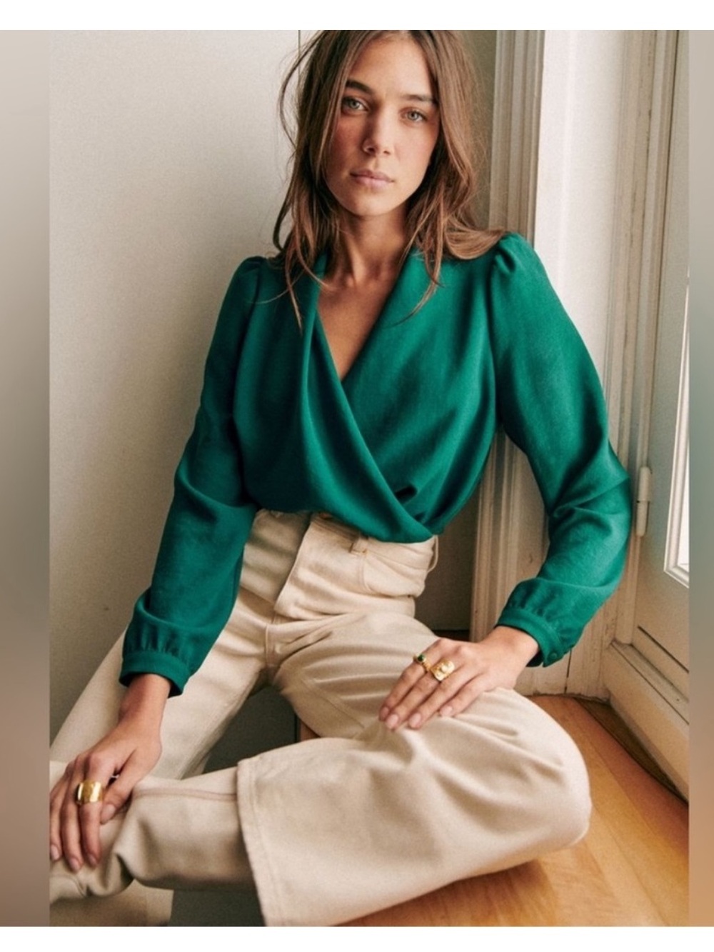 Sézane Abelia Wrap Blouse Bottle Green Draped V-Neck Long Sleeve FR 38 US 6